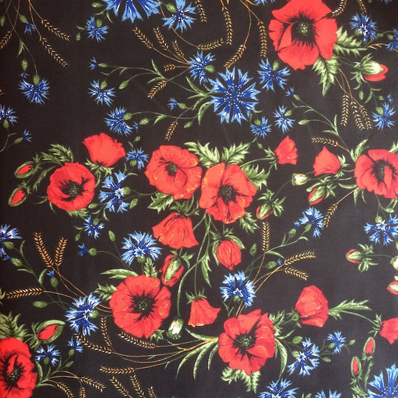 Scandinavian Cotton fabric Poppies/ Black  - Heavy Cotton -  100% Cotton - Curtain / Upholstery
