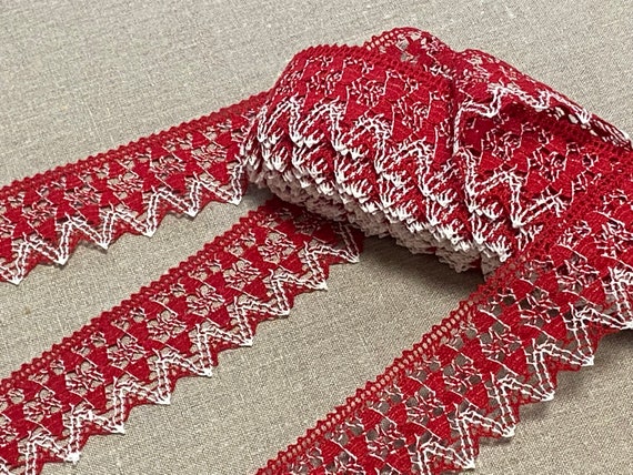 Linen Lace Trim Ribbon  - Red & White - 100% LINEN - 2.16" (55 mm) wide