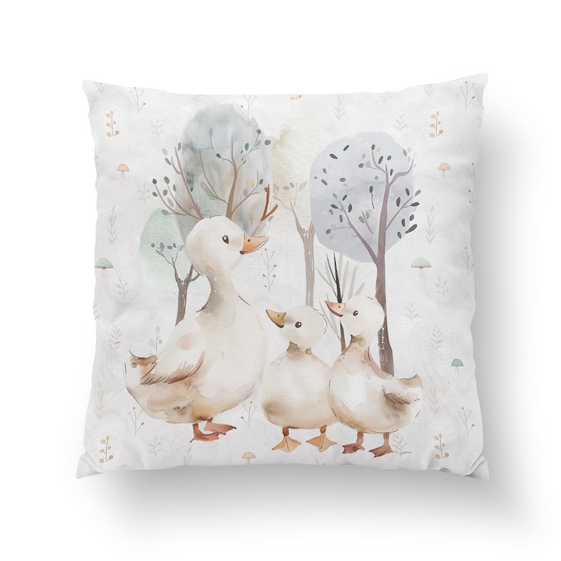 May include: A watercolor illustration of three ducks in a forest setting. The ducks are white with brown accents and are surrounded by trees and foliage. The background is a light gray with a subtle pattern.