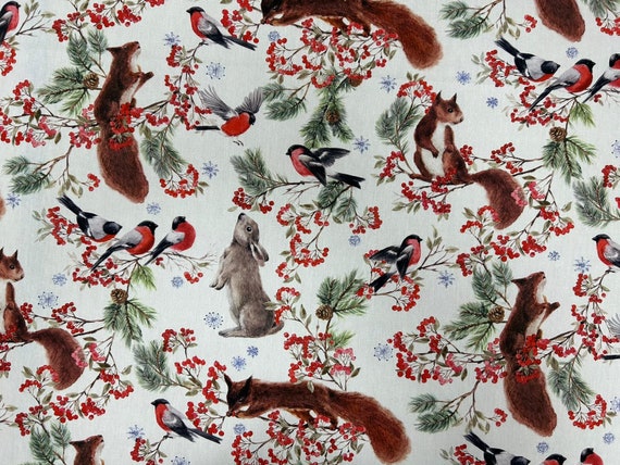 Tablecloth Woodland Scandinavian cotton fabric Digital print Fox Robbin Rabbit Winter woodland print