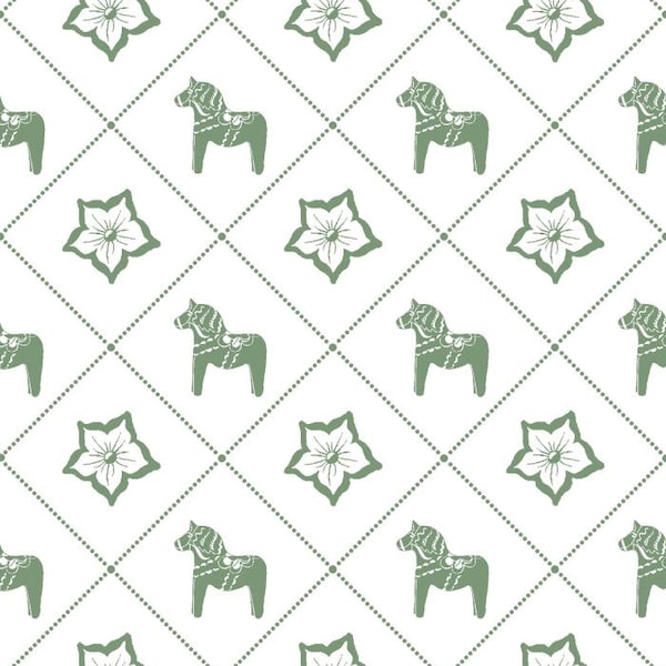 Scandinavian cotton fabric Leksand Dala Horse Swedish Horse Green White