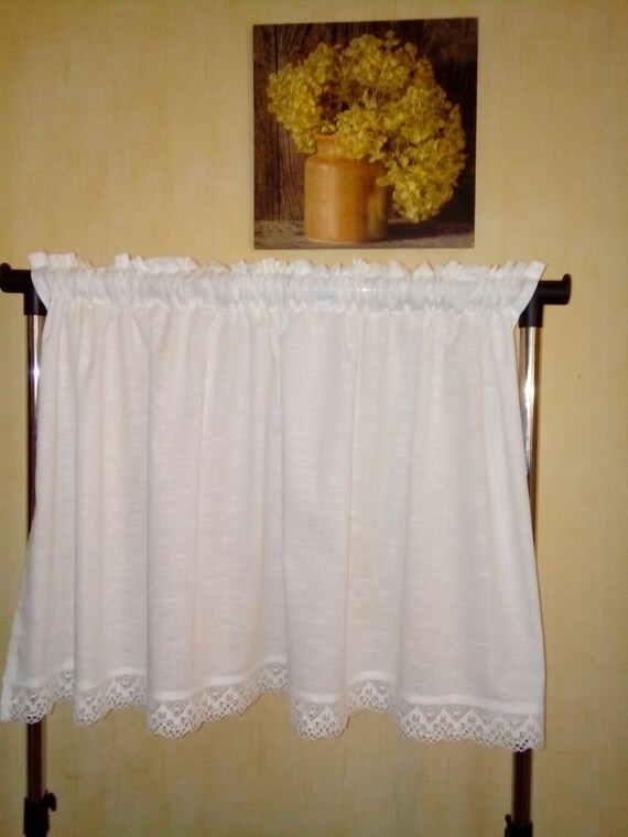 Country Style Cotton Cafe Curtains With White Cotton Lace Trim