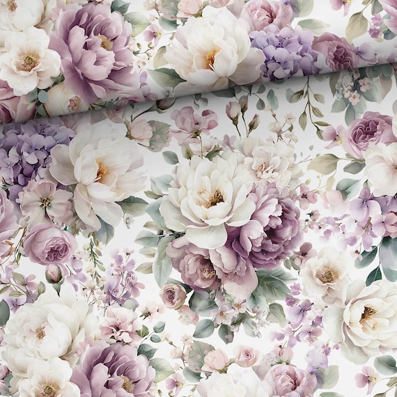 Mauve Peonies Floral cotton fabric by the yard for sewing and quilting