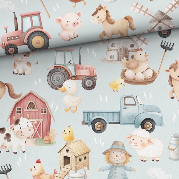 Happy Farm Life Blue Cotton fabric for sewing and quilting, 61 inches wide /155 cm