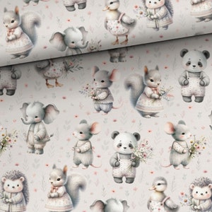 May include: A seamless pattern featuring a variety of adorable woodland creatures, including squirrels, mice, elephants, hedgehogs, pandas, and ducks. The animals are depicted in a whimsical style with soft pastel colors and floral accents on a light gray background.