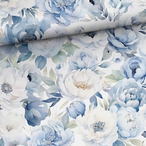 May include: A seamless pattern featuring watercolor blue and white flowers on a white background. The flowers are arranged in a random pattern and are surrounded by green leaves.