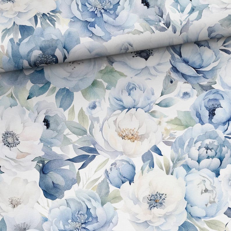 May include: A seamless pattern featuring watercolor blue and white flowers on a white background. The flowers are arranged in a random pattern and are surrounded by green leaves.