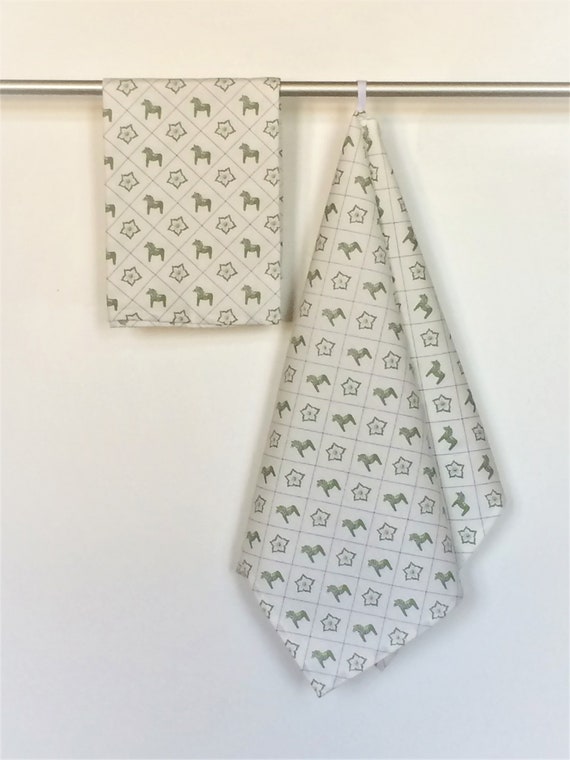 Kitchen Towel Tea Towel Dish Towel - Dala Horse towel Swedish horse Scandinavian fabric Green White