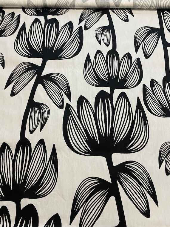 Scandinavian Cotton fabric ALMA White and Black Floral fabric Cotton canvas -  59 inches (150 cm) wide