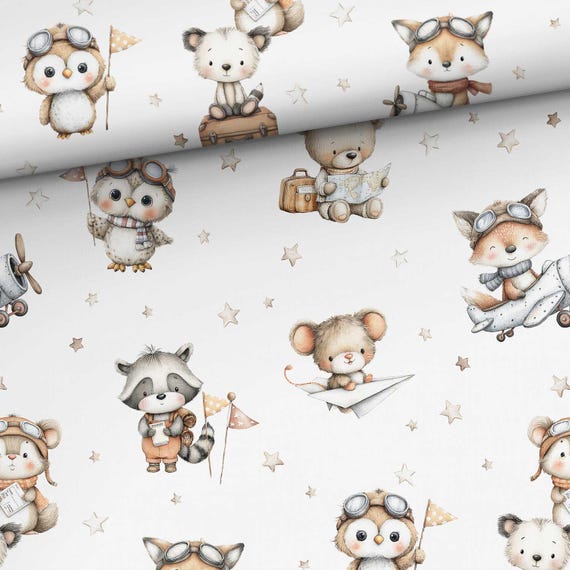 Sky travels, baby animals, cotton fabric for sewing and quilting