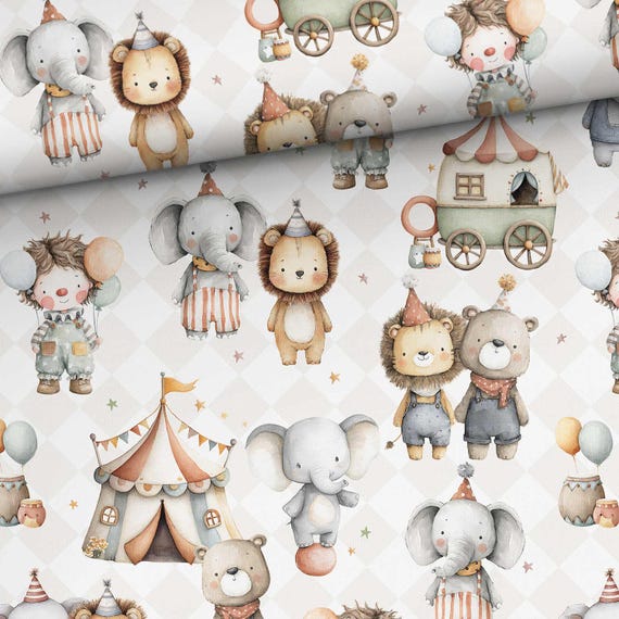 Circus Animals Cotton Fabric for Sewing, Quilting, Nursery Decor