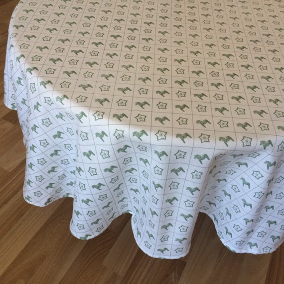 Cotton Tablecloth Table Linen Tablecloth Table runner Swedish Dala Horse Round Oval Square Green/White