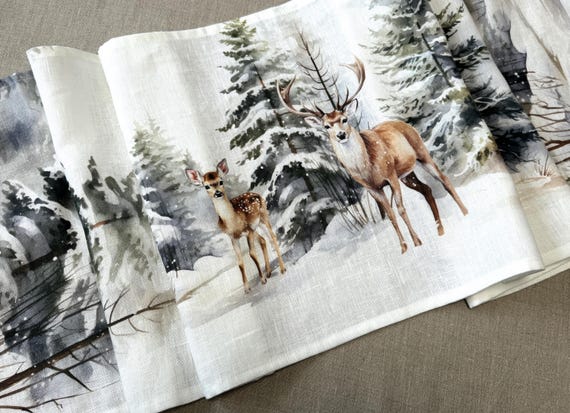Linen Table runner  Winter Woodland animals Deer 42x170cm // 16in x 69in