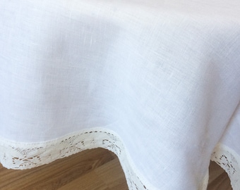 Round Linen Tablecloth with Linen Lace -  Table Linen -  Round - Extra large -  Ivory Lace