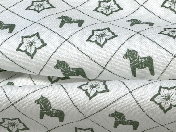 Swedish Dala Horse fabric Sage green Scandinavian Cotton canvas fabric