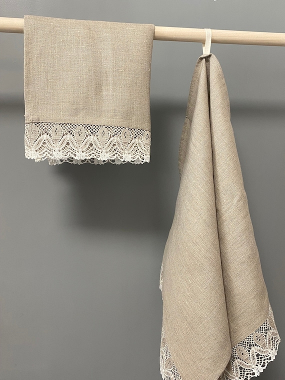 Linen Kitchen Towel Dish Towel Table runner with crocheted floral linen lace Natural linen