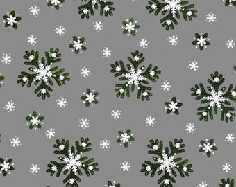 Christmas fabric Scandinavian Cotton fabric - Snowflakes Green/Grey - Home decor fabric - Cotton canvas  59 inches (150 cm) wide