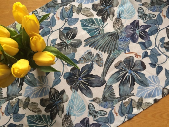 Linen Table runner Tablecloth  - Blue Birds Plants - Table linens