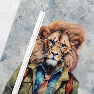 May include: Watercolor illustration of a lion wearing glasses, a denim shirt, a tie, and a green jacket. The lion has a backpack and is holding a ruler. The background is a textured gray and blue.