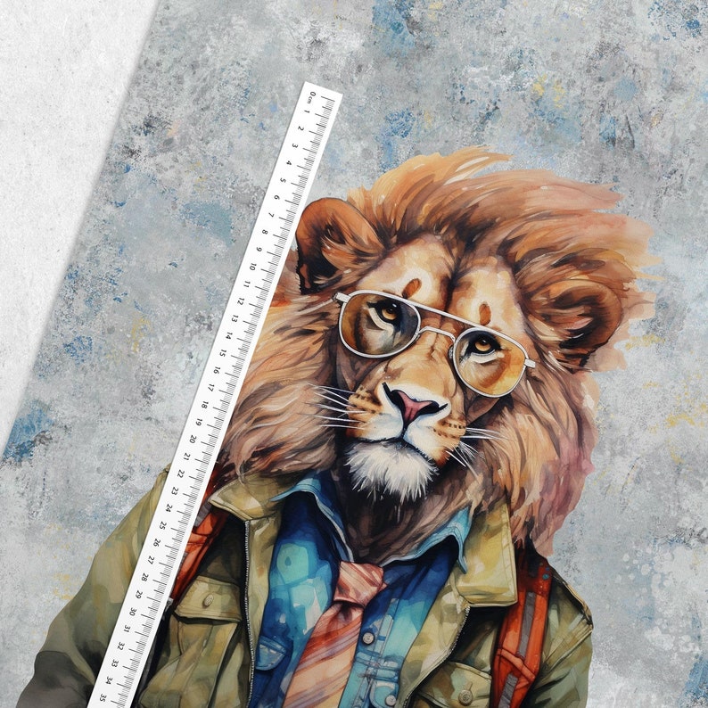 May include: Watercolor illustration of a lion wearing glasses, a denim shirt, a tie, and a green jacket. The lion has a backpack and is holding a ruler. The background is a textured gray and blue.
