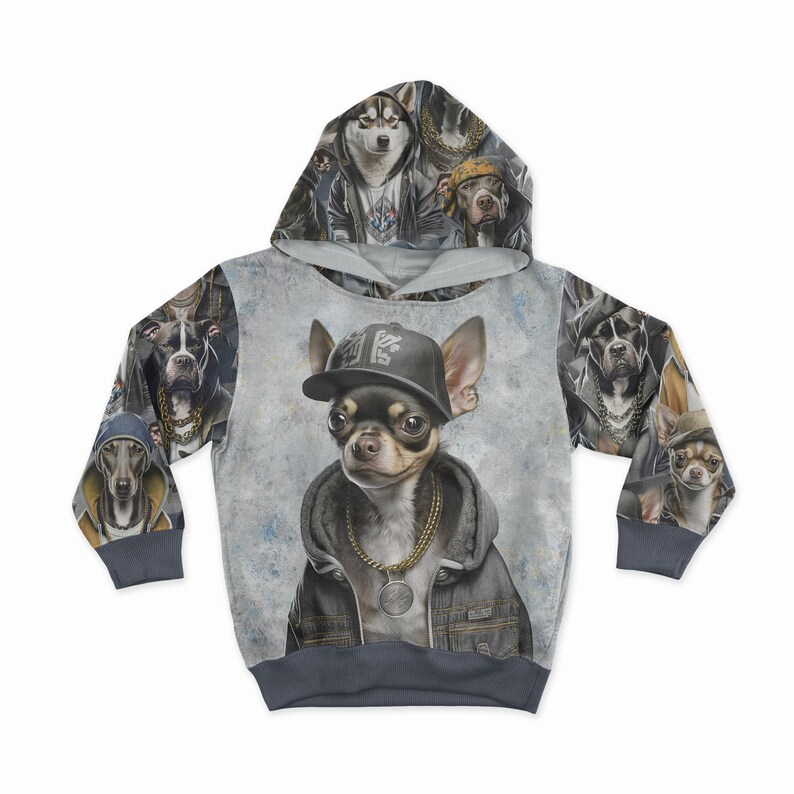May include: A gray hoodie featuring a chihuahua wearing a black cap, denim jacket, and gold chain. The hoodie's design includes various dog breeds in hip-hop attire. The sleeves and hood have a repeating pattern of dogs.