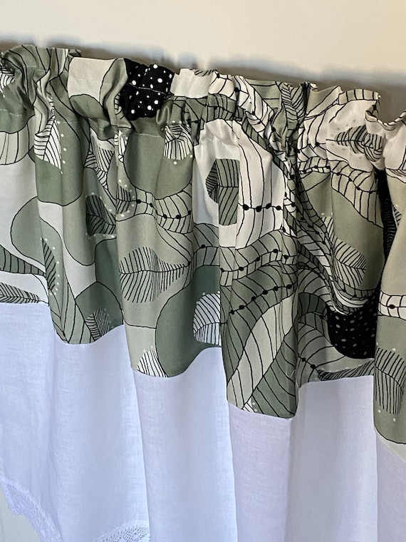Floral Curtain Valance Café curtain Kitchen Valance Sage green and Off-White Linen Curtain with Lace