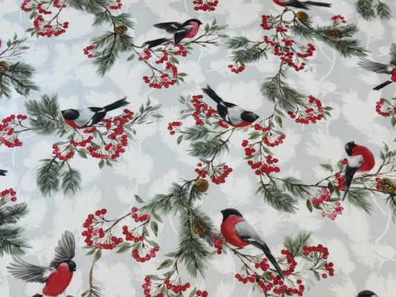 Cotton fabric Birds Bullfinch Scandinavian cotton fabric Forest birds