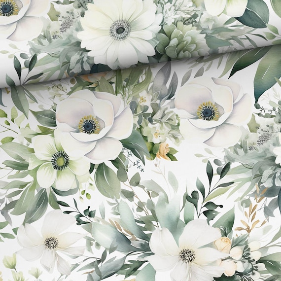 White Sage Green anemone Floral cotton fabric by the yard for sewing and quilting