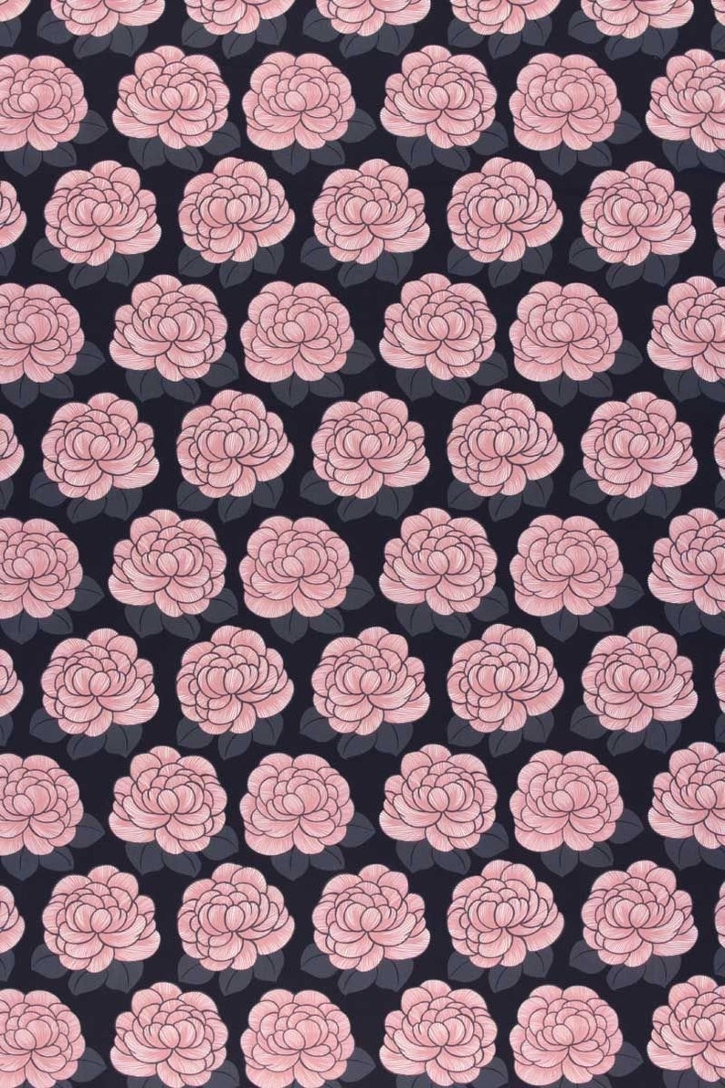 May include: A seamless pattern featuring pink stylized flowers on a dark blue background.