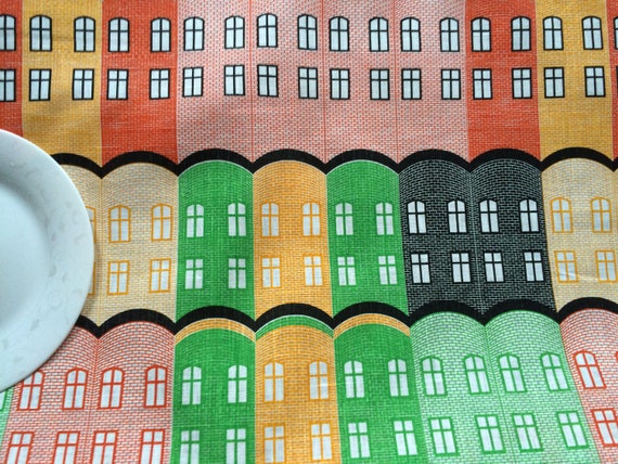 Linen Tablecloth or Table runner - Scandinavian linen fabric - Table linens - Yellow/Red/Green Geometric