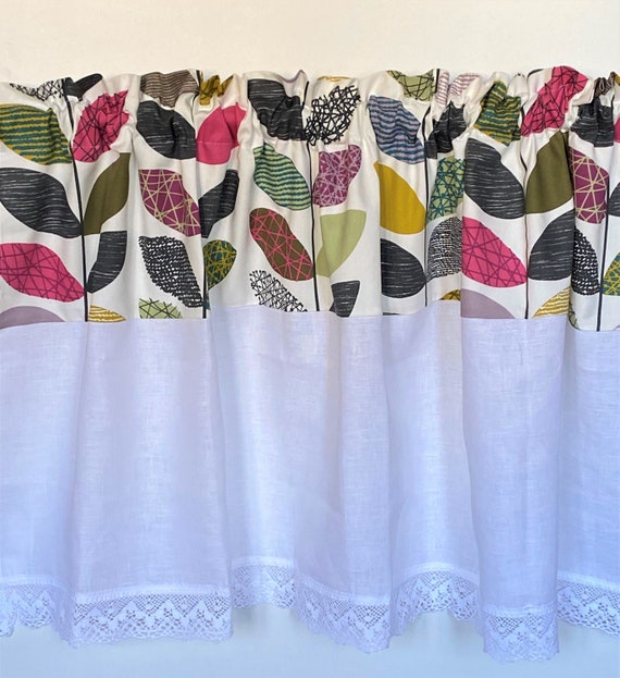 Curtain Valance Café curtain Kitchen Linen Valance Geometric Leaf Linen curtain Curtain with Lace Off-White