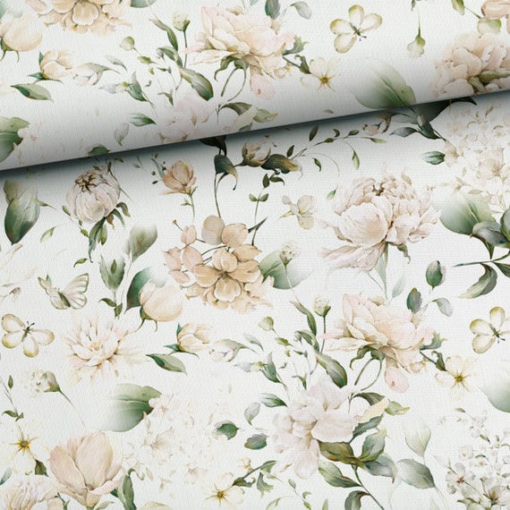 Floral cotton fabric White and pink pastel flowers for sewing and quilting 155 cm wide