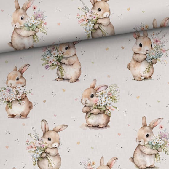 Baby Bunny with flowers Easter Bunnies fabric for sewing and quilting 155 cm wide