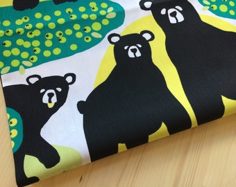 Scandinavian fabric -  Cotton fabric Finlayson Otsi Bear fabric - Remnants - Green and Yellow