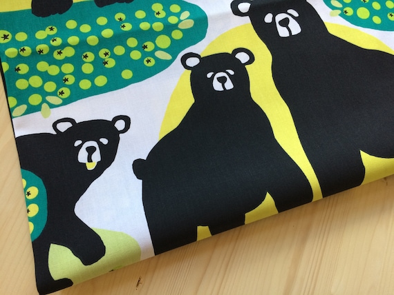 Scandinavian fabric -  Cotton fabric Finlayson Otsi Bear fabric - Remnants - Green and Yellow