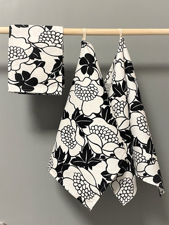 Floral Kitchen Towel Tea Towel Dish Towel Black and White Scandinavian cotton