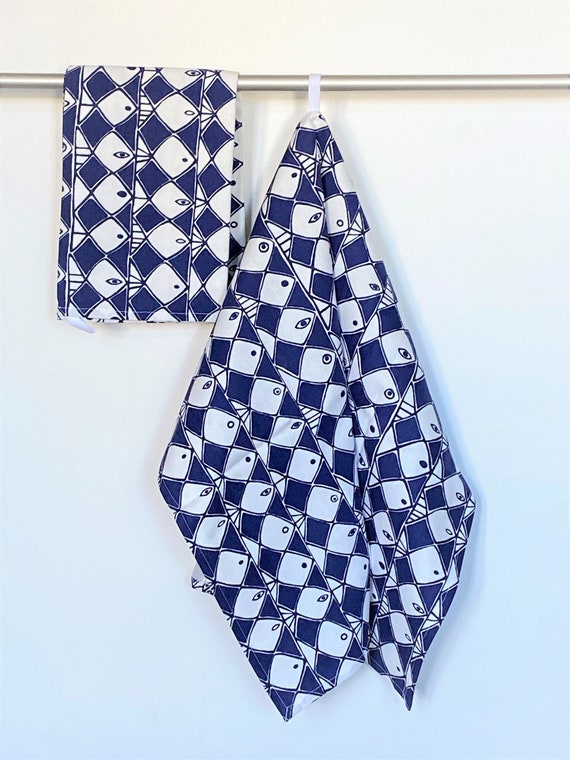 Kitchen Towel Dish Towel Tea Towel Scandinavian Cotton fabric Navy Blue Geometric Fish print