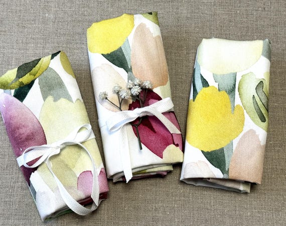 Cotton fabric napkins, Floral Watercolor Tulips