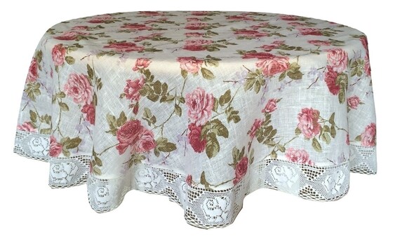 Linen Round Tablecloth With Lace Shabby Chic Roses Hong Kong Linen Round Tablecloth With Lace Shabby, Shabby Chic Round Tablecloth