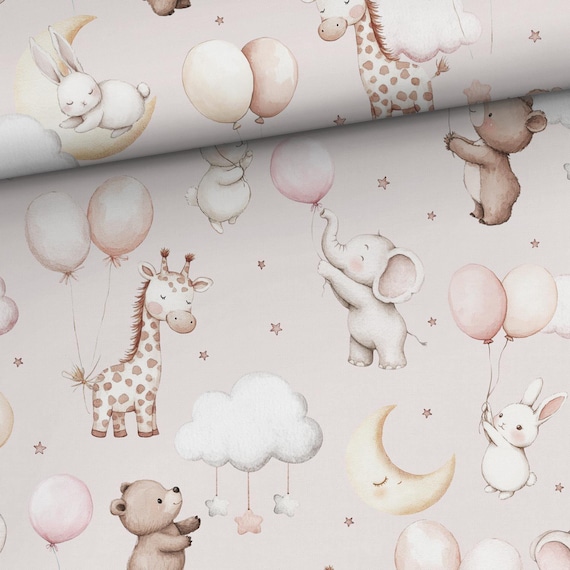 Pink nursery Cotton fabric Baby animals fabric for sewing and quilting 155 cm wide