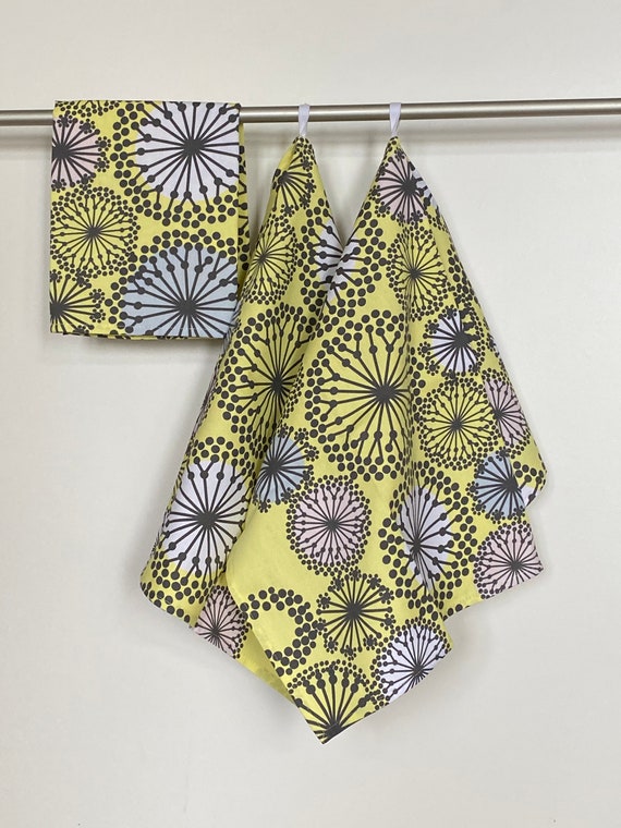 Kitchen Towel Tea Towel Dish Towel - Floral Geometric Print Yellow kitchen towel