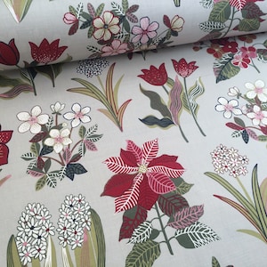 Tecido de algodão escandinavo Floral Flores Fundo cinza/ Vermelho - 100% Algodão - Cortina Toalha de Mesa Tecido de decoração para casa