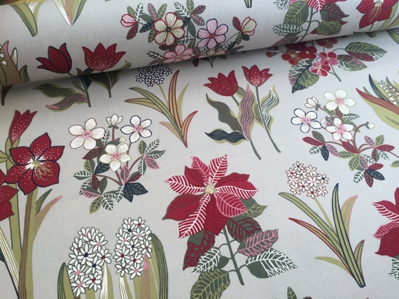 Scandinavian cotton fabric Floral Flowers Grey background/ Red - 100% Cotton - Curtain Tablecloth Home deor fabric