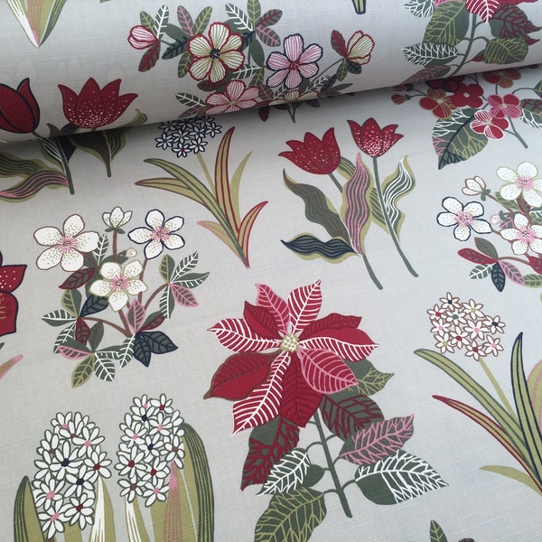 Tissu en coton scandinave Floral Flowers Fond gris / Rouge - 100% Coton - Nappe rideau Tissu Home deor