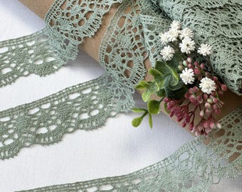 Op de afbeelding: Saliegroen kanten lint met een geschulpte rand, weergegeven in een rol en uitgerold. Het kant is ingewikkeld ontworpen met opengewerkte patronen. Kleine witte en roze bloemen en groene bladeren zijn op de kanten rol geplaatst.