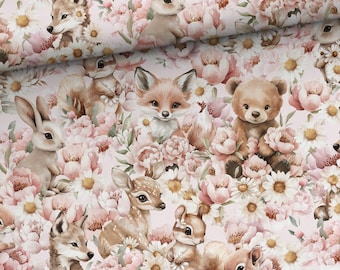 Cotton fabric, Wildlife animals in flowers  Premium cotton fabric for sewing and quilting 155 cm wide
