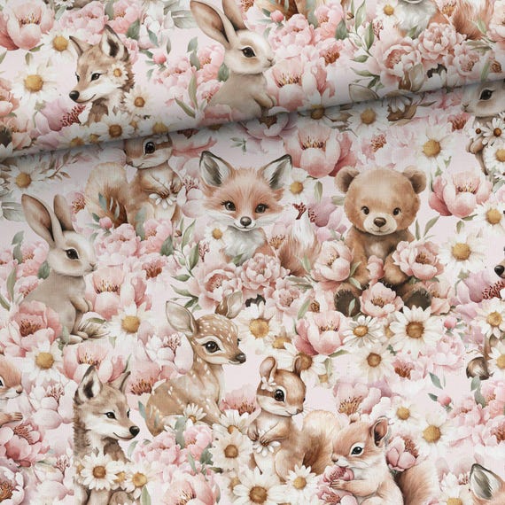 Cotton fabric, Wildlife animals in flowers  Premium cotton fabric for sewing and quilting 155 cm wide