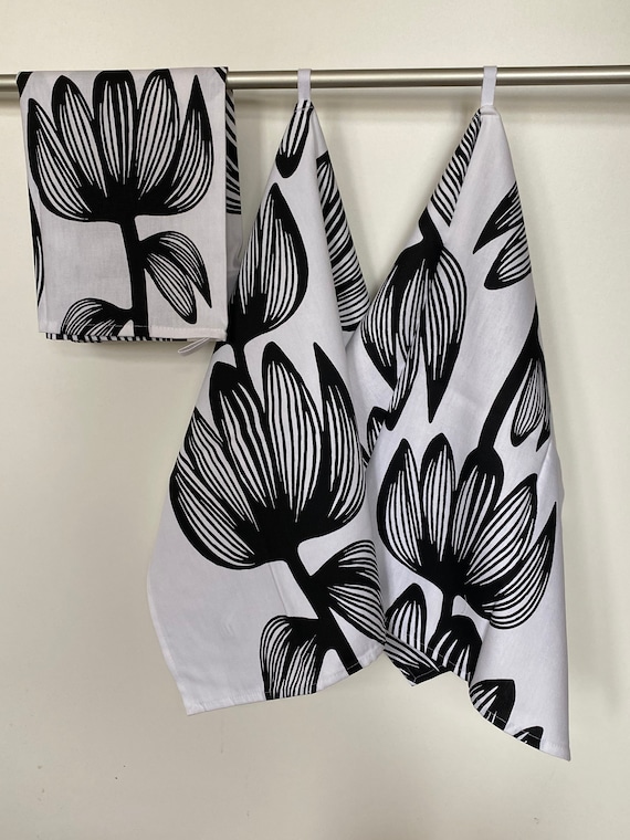 Kitchen Towel Tea Towel  Dish Towel - Scandinavian Cotton fabric Floral kitchen towel Black and White