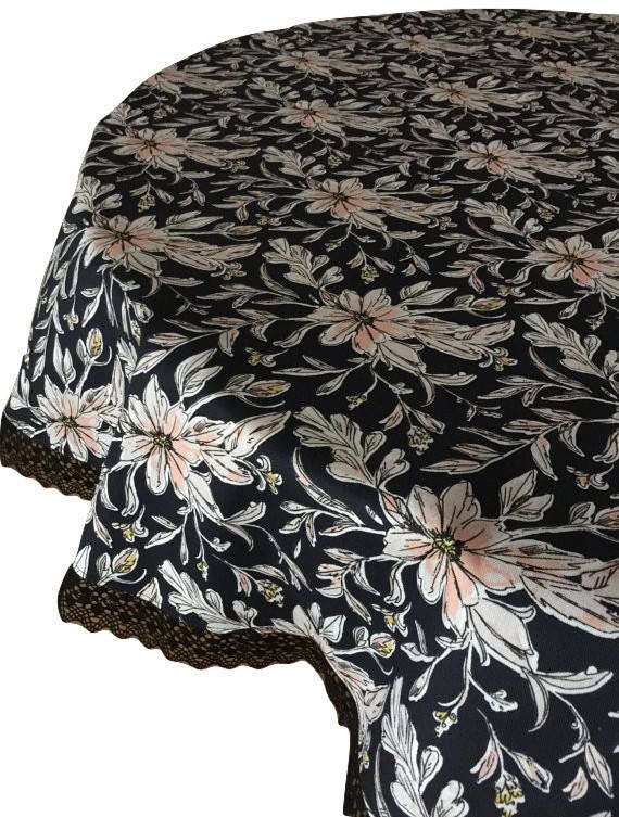 Round Tablecloth with Lace Trim Black/Peach  - Table Linens - Scandinavian fabric Cotton canvas Round Ø 160 cm (63'')