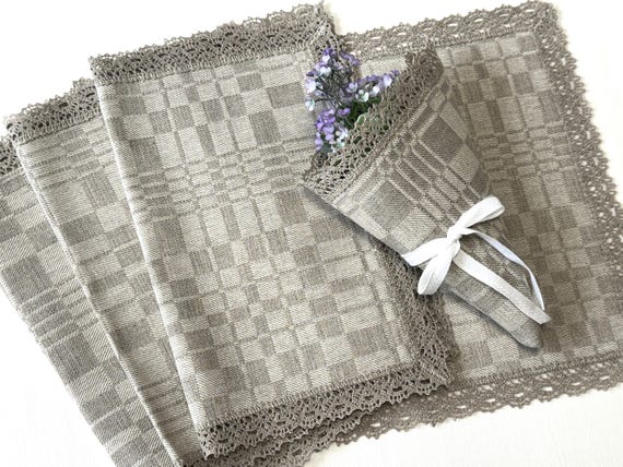 6pcs Natural Linen fabric napkins, placemats, linen lace trim